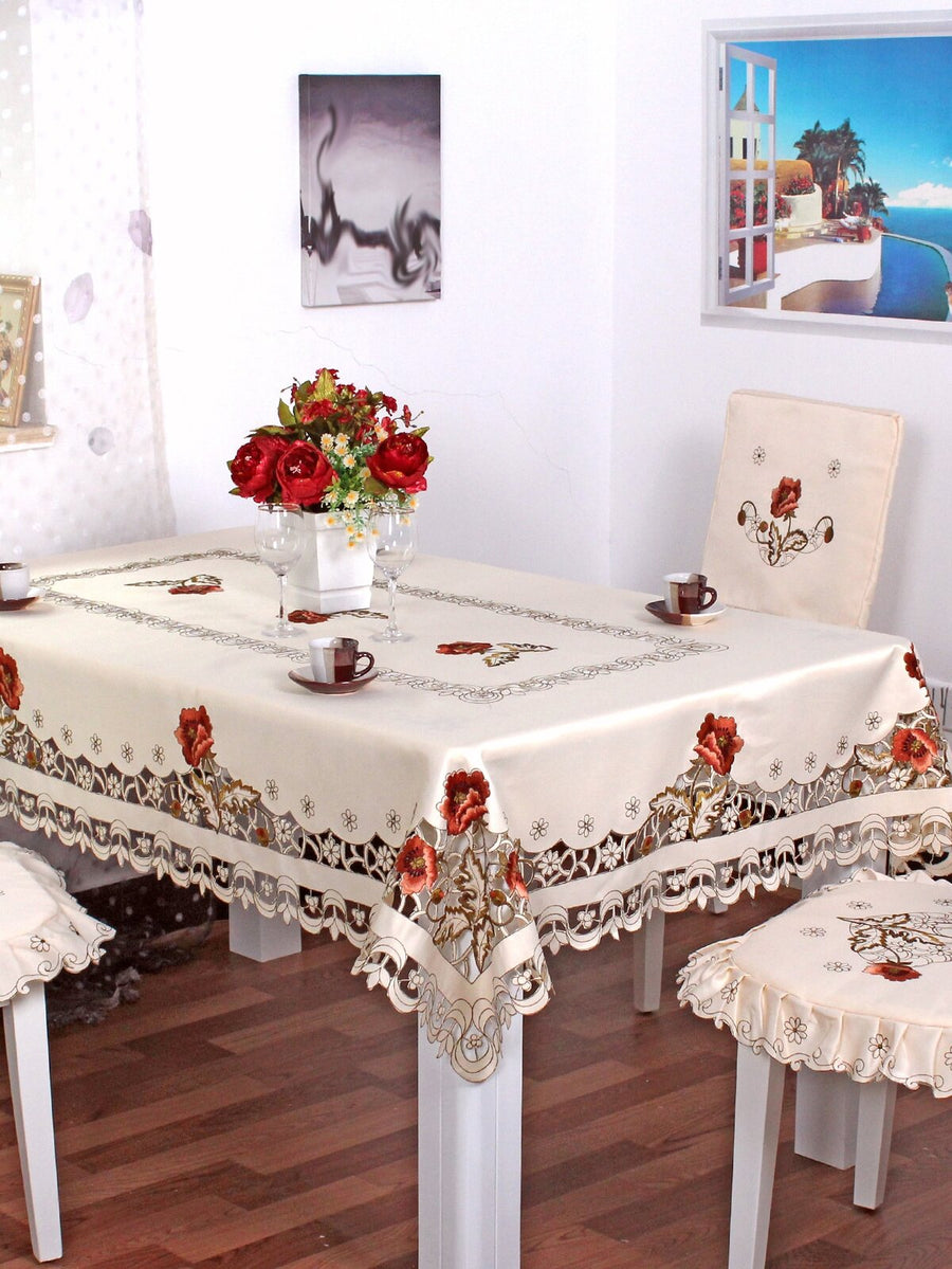 1pc Peony Flower Table Cloth, Nordic Countryside Style Beige Polyester Jacquard Fabric Cutout Embroidered Tablecloth Suitable For Bedroom, Living Room, Dining Table, Coffee Table, Side Table