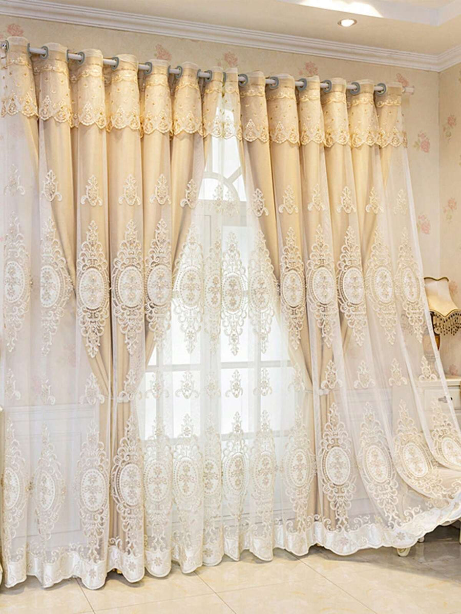 1pc Flower Embroidery Curtain, Modernist Polyester Faux Pearl Decor Blackout Curtain For Bedroom