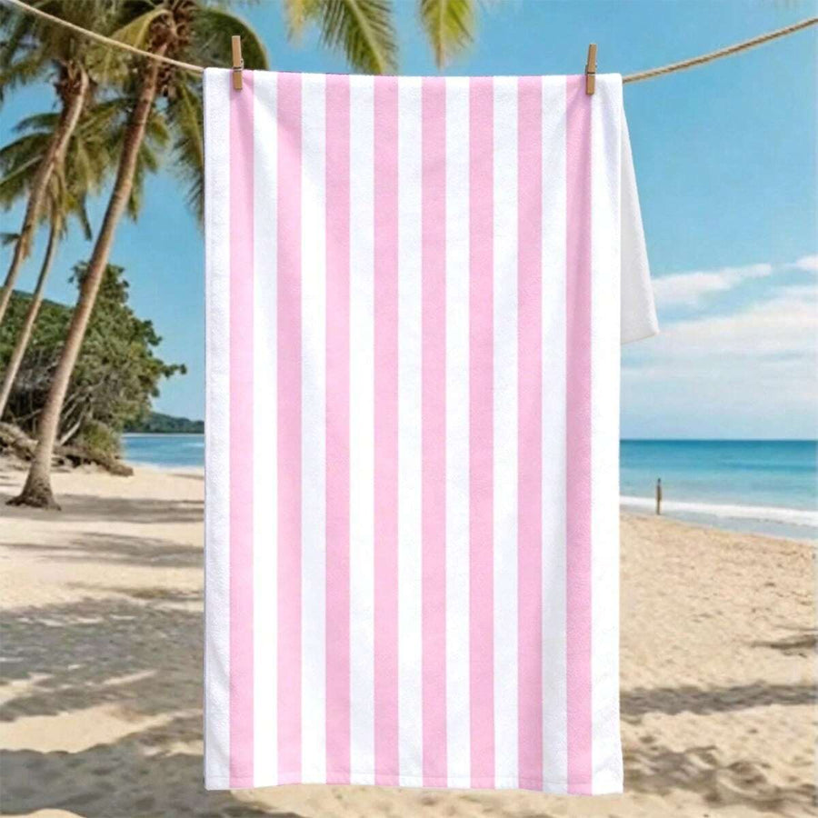 1pc Pink & White Striped Beach Towel, Soft, Lightweight, Easy To Carry, Easy To Clean, , Multipurpose, Machine Washable, Unisex, Couples, Suitable For Beach, Pool, Fitness, Yoga, Surfing, Diving, Camping, Vacation, Picnic, An Elegant Summer Gift